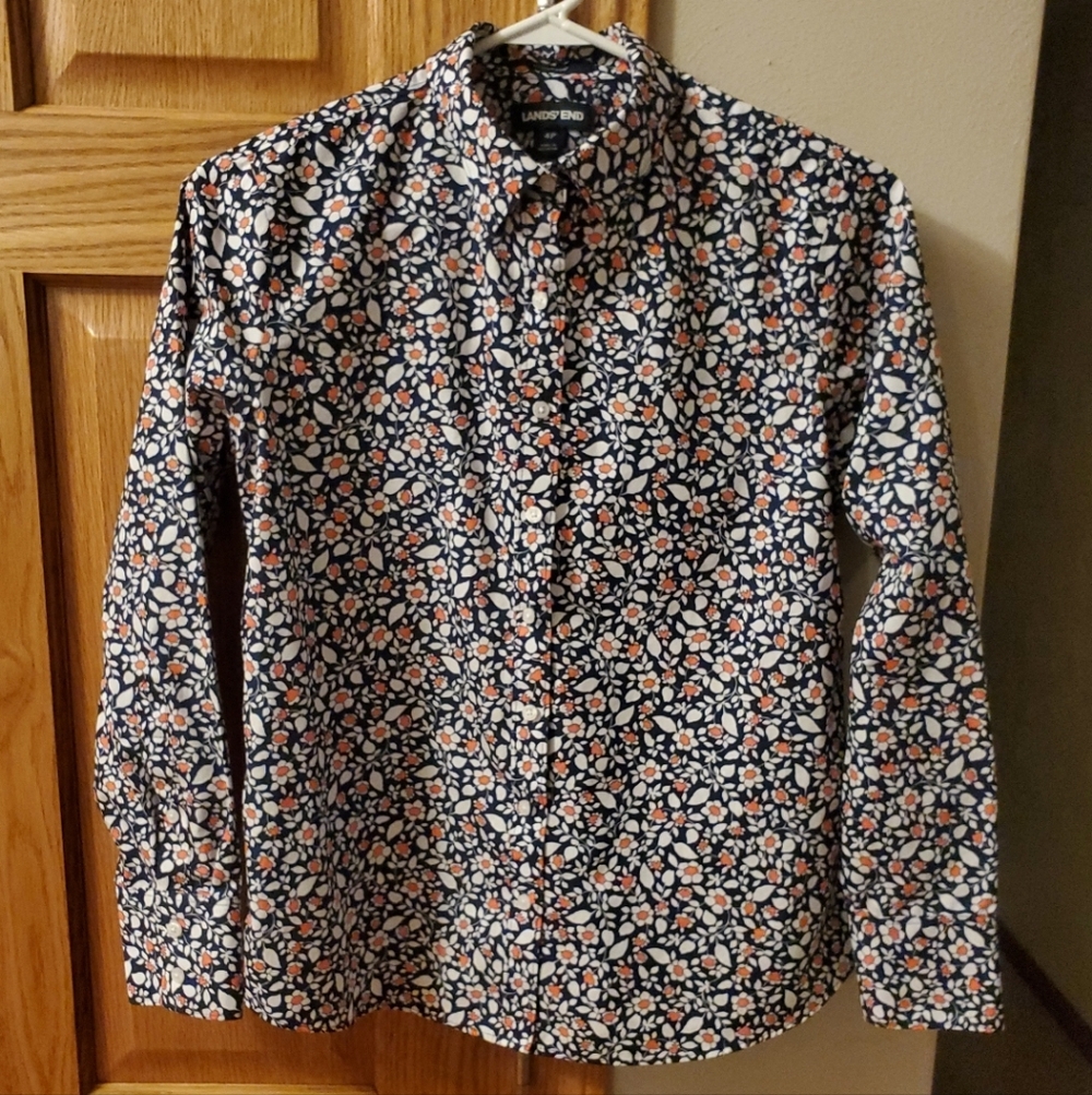 Lands' End Women's 4P Peach, Navy & White Floral No-Iron Supima Blouse Shirt